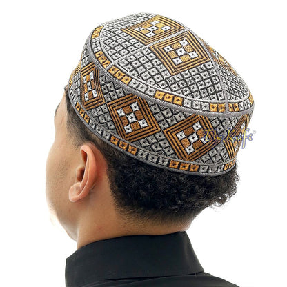 Dark Gray Rust Brown White Diamond Intricately Embroidered Design Pakistan Kufi