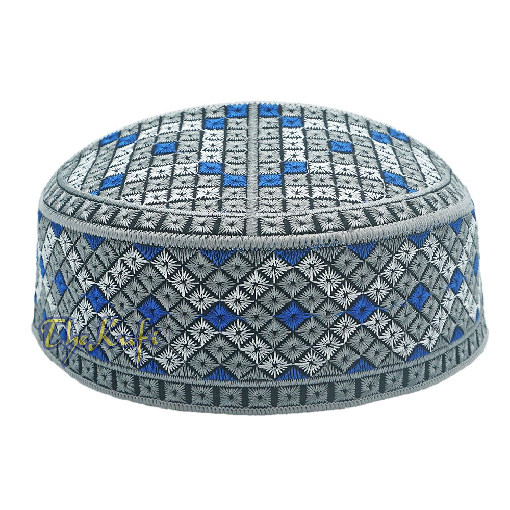 Gray, Silver, Royal Blue Intricately Embroidered Rigid Round Pakistani-Style Kufi Hat