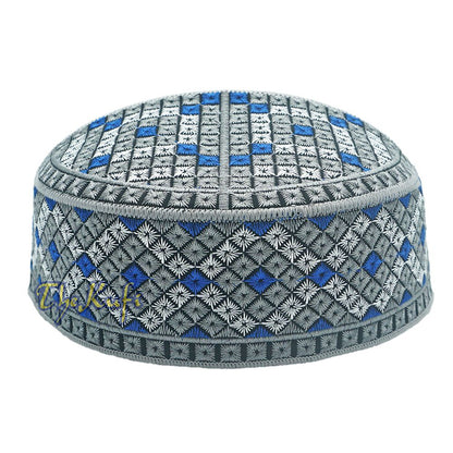 Gray, Silver, Royal Blue Intricately Embroidered Rigid Round Pakistani-Style Kufi Hat