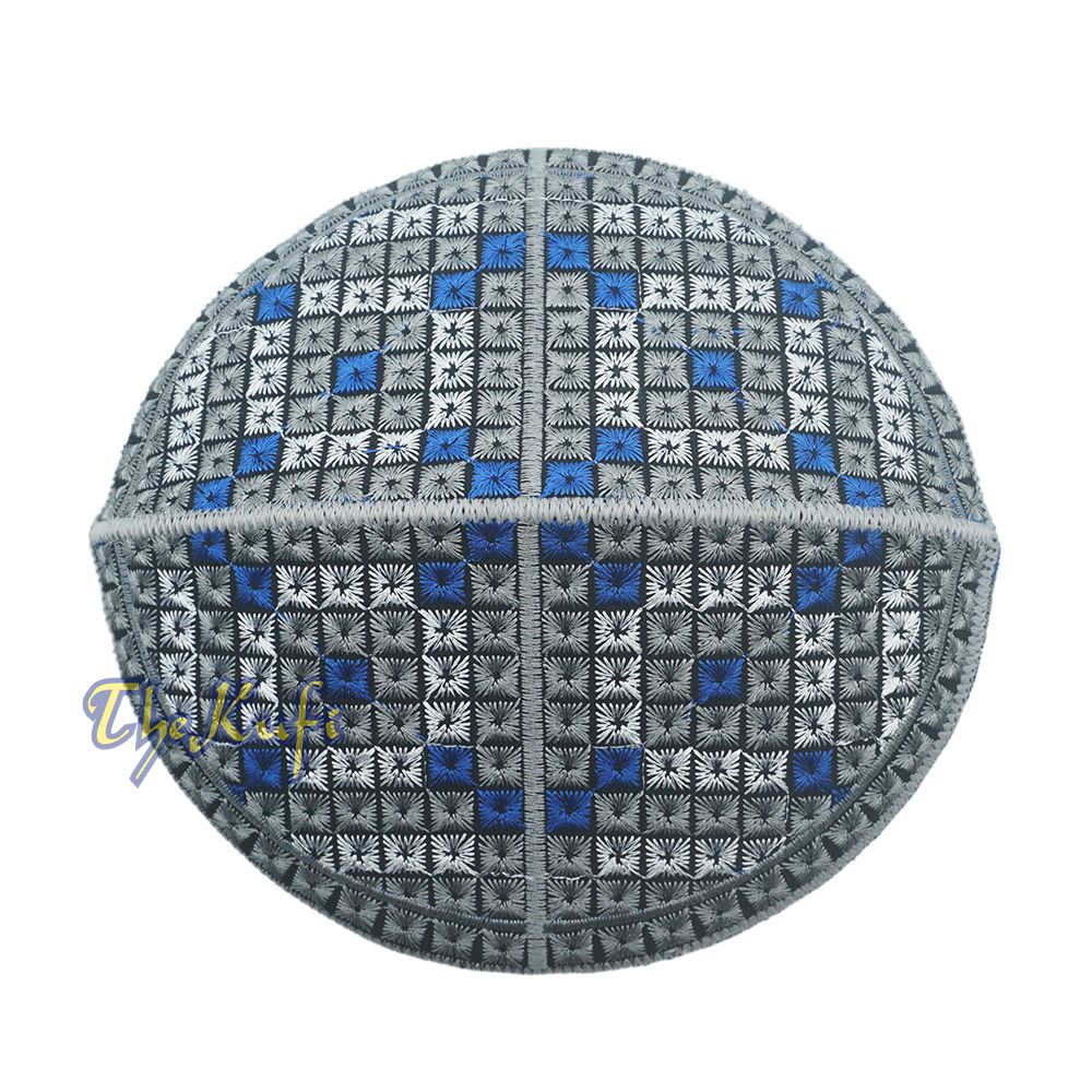 Gray, Silver, Royal Blue Intricately Embroidered Rigid Round Pakistani-Style Kufi Hat