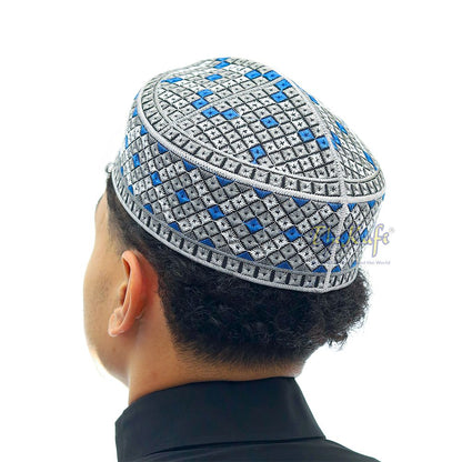 Gray, Silver, Royal Blue Intricately Embroidered Rigid Round Pakistani-Style Kufi Hat