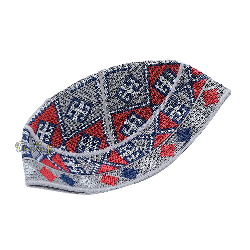 Embroidered Gray Ethnic Mosaic Silver Red Soft Lined Pakistani Style Topi Kufi