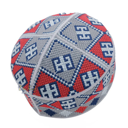 Embroidered Gray Ethnic Mosaic Silver Red Soft Lined Pakistani Style Topi Kufi