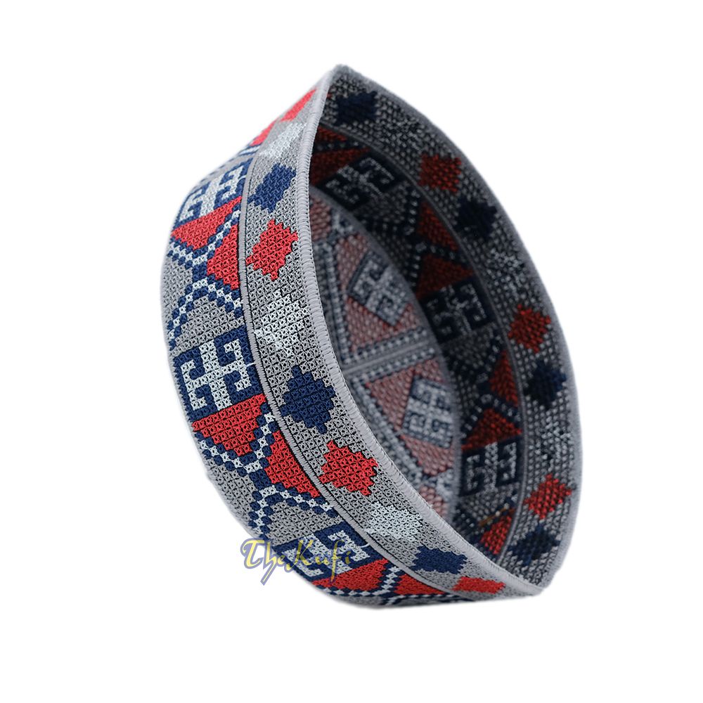 Embroidered Gray Ethnic Mosaic Silver Red Soft Lined Pakistani Style Topi Kufi