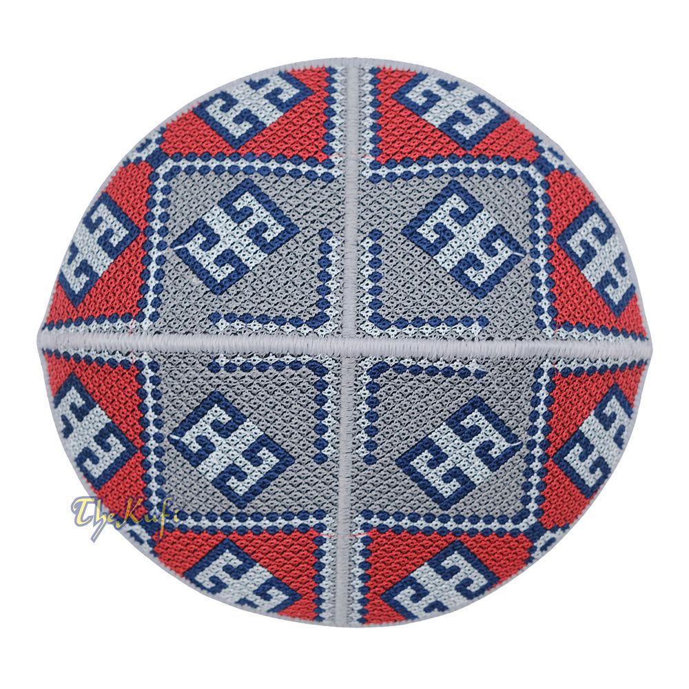 Embroidered Gray Ethnic Mosaic Silver Red Soft Lined Pakistani Style Topi Kufi
