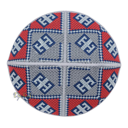 Embroidered Gray Ethnic Mosaic Silver Red Soft Lined Pakistani Style Topi Kufi
