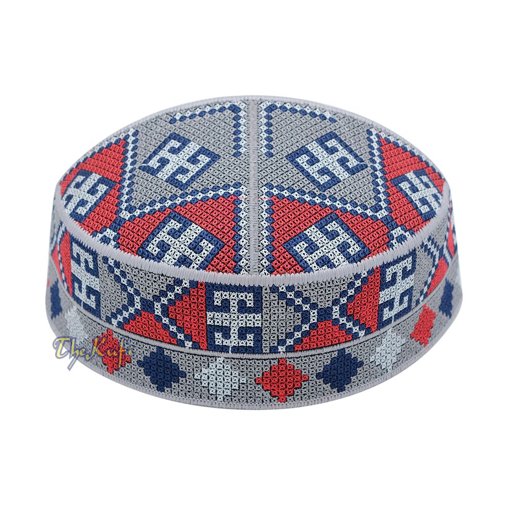 Embroidered Gray Ethnic Mosaic Silver Red Soft Lined Pakistani Style Topi Kufi