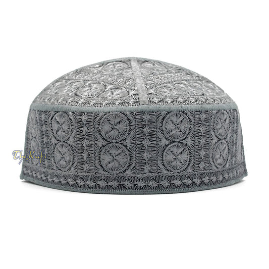 Gray Intricately Embroidered Rigid Round Pakistani-Style Kufi Hat