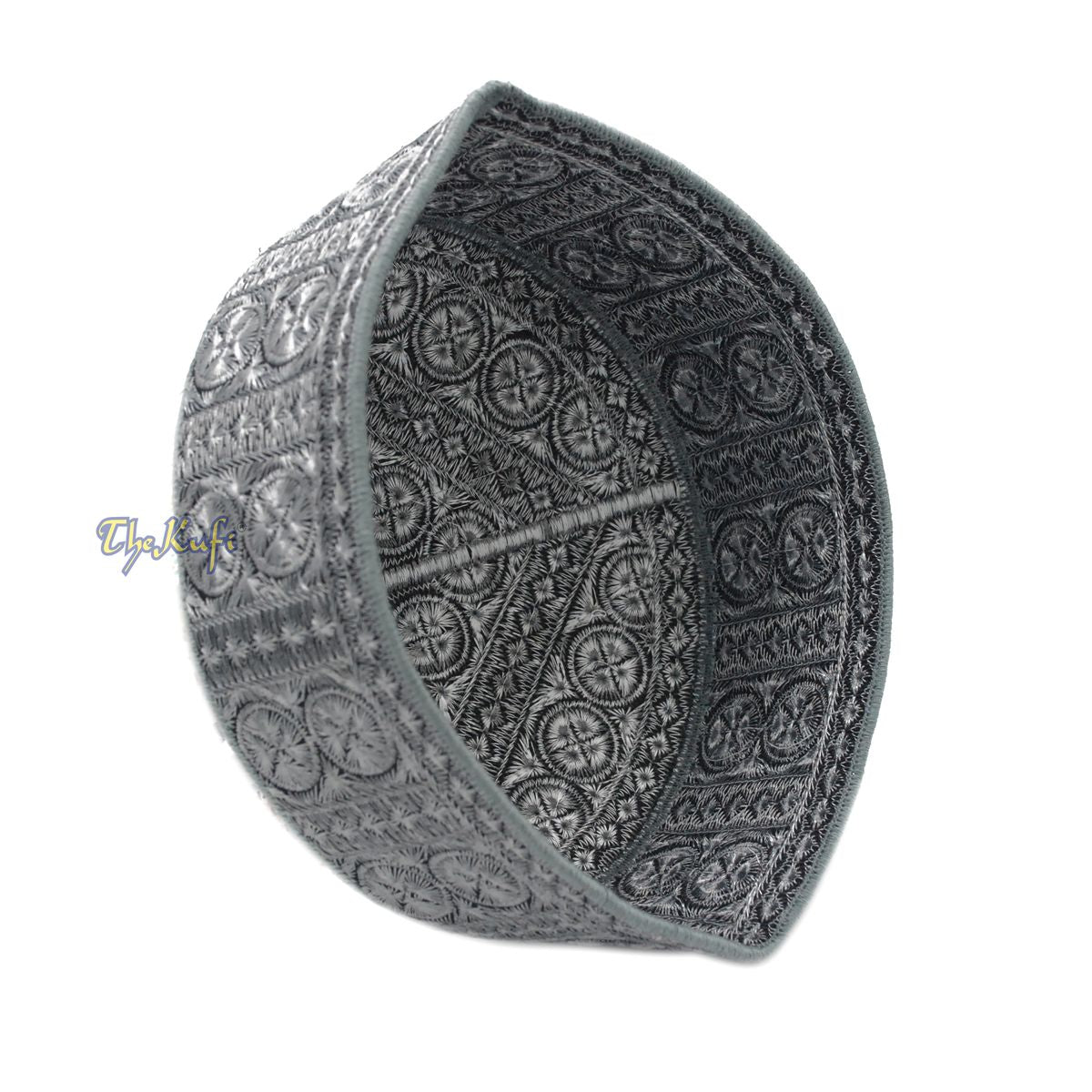 Gray Intricately Embroidered Rigid Round Pakistani-Style Kufi Hat