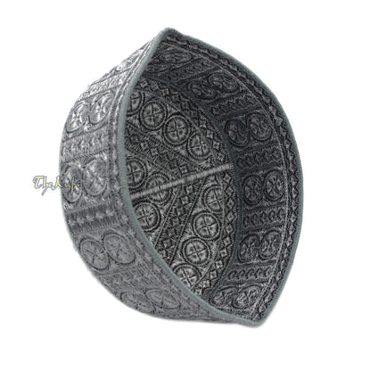 Gray Intricately Embroidered Rigid Round Pakistani-Style Kufi Hat