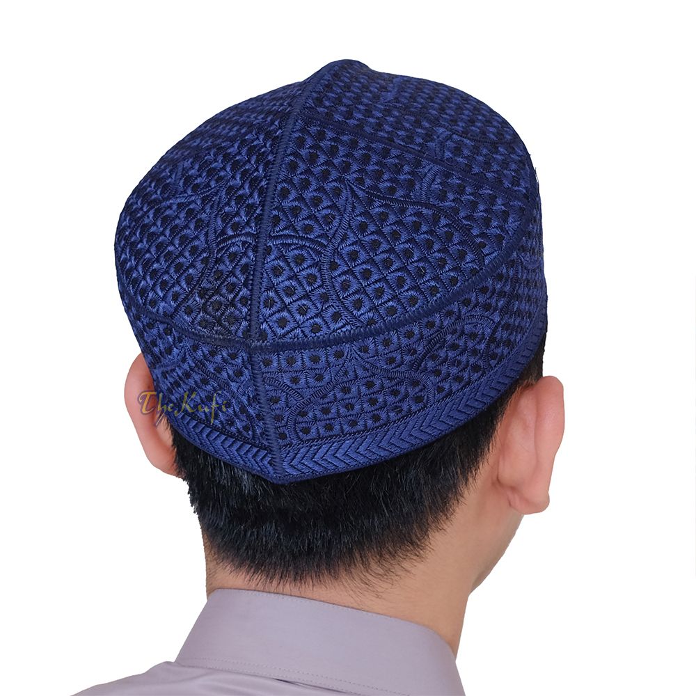 Embroidered Dark Blue Masjid Dome Rigid Lined Pakistani Style Topi Kufi