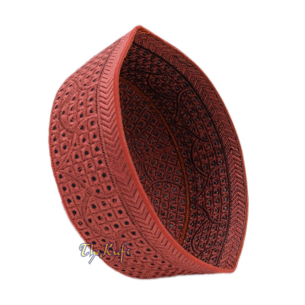 Embroidered Rust Brown Masjid Dome Rigid Lined Pakistani Style Topi Kufi