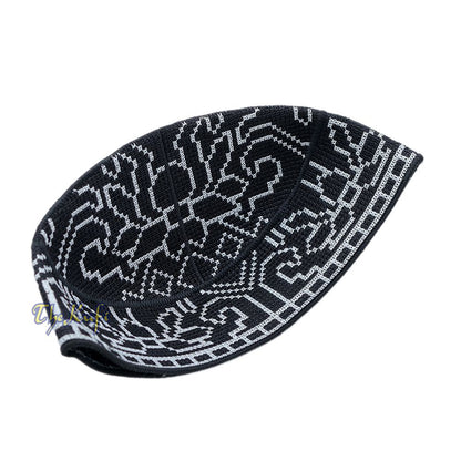 Embroidered Black Orchid Pattern Rigid Lined Pakistani Style Topi Kufi