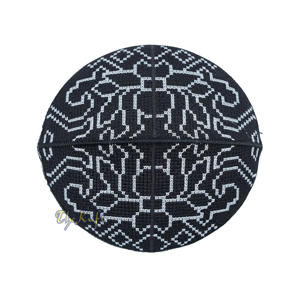 Embroidered Black Orchid Pattern Rigid Lined Pakistani Style Topi Kufi