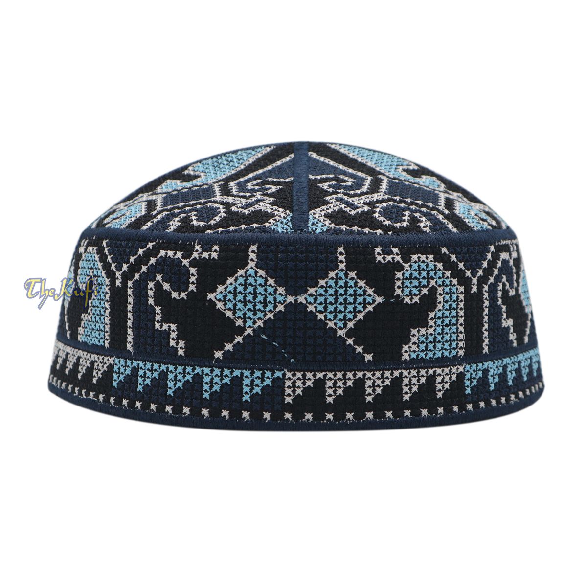 Navy Blue, Black White and Light Turquoise Haji Alay Motif Embroidery Pakistani Topi Kufi Hat