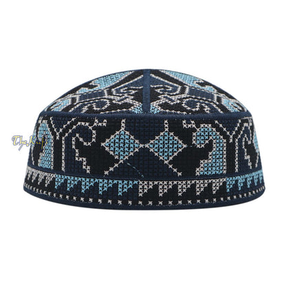 Navy Blue, Black White and Light Turquoise Haji Alay Motif Embroidery Pakistani Topi Kufi Hat