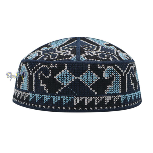 Navy Blue, Black White and Light Turquoise Haji Alay Motif Embroidery Pakistani Topi Kufi Hat