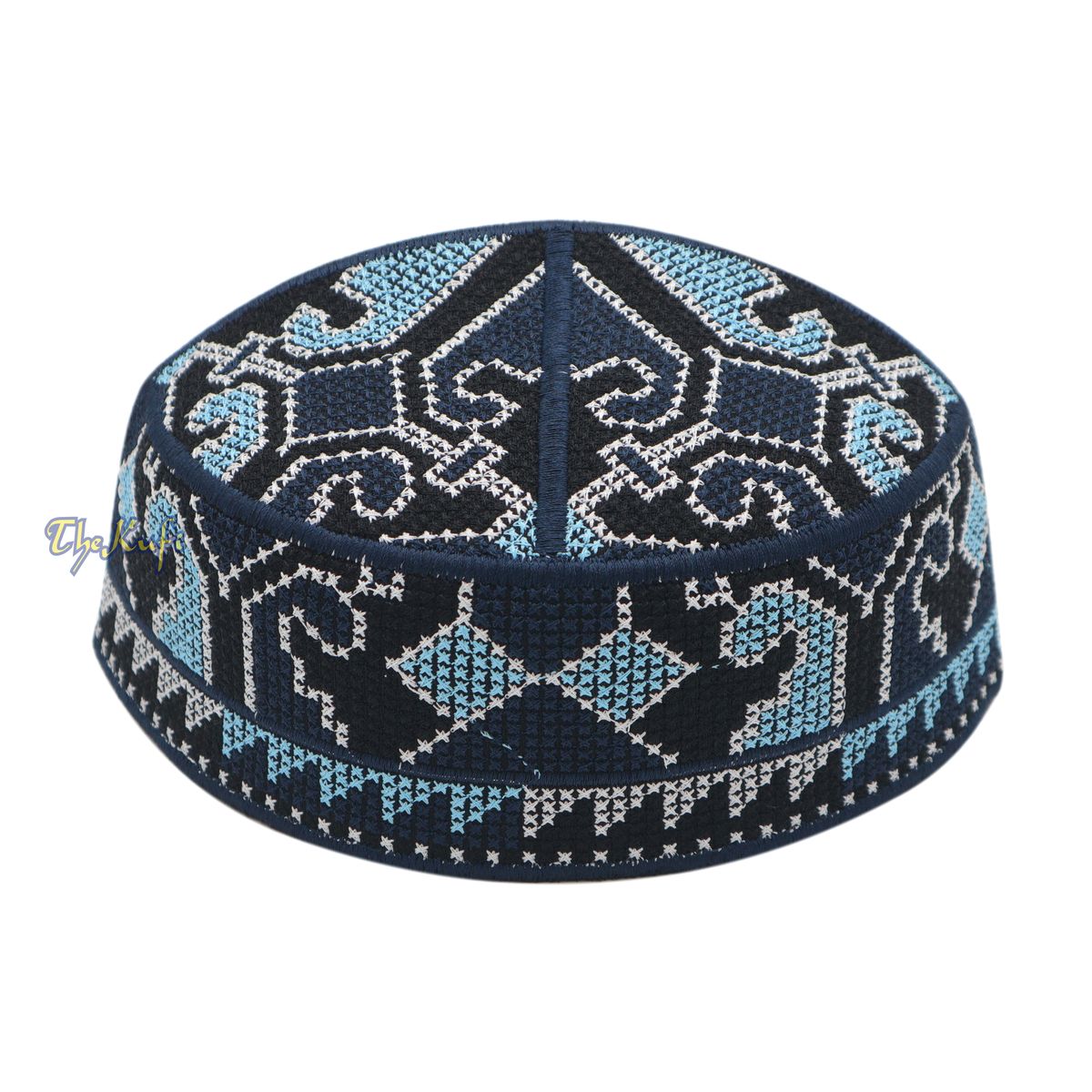 Navy Blue, Black White and Light Turquoise Haji Alay Motif Embroidery Pakistani Topi Kufi Hat