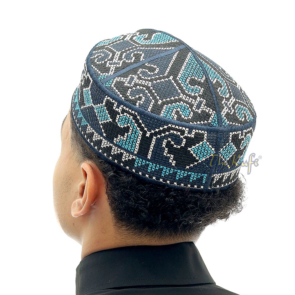 Navy Blue, Black White and Light Turquoise Haji Alay Motif Embroidery Pakistani Topi Kufi Hat