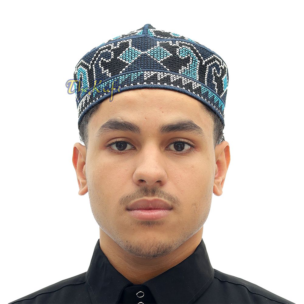Navy Blue, Black White and Light Turquoise Haji Alay Motif Embroidery Pakistani Topi Kufi Hat