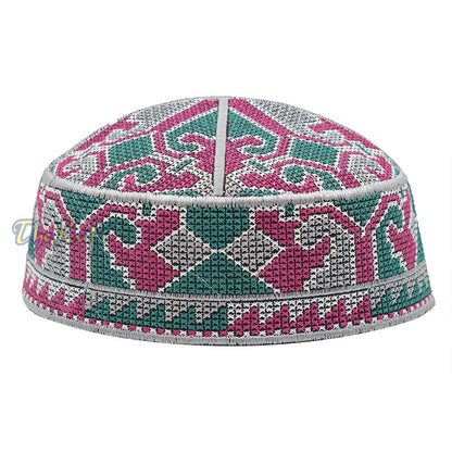 Gray, Maroon, Green Haji Alay Motif Embroidery Design Pakistani Topi Kufi Hat