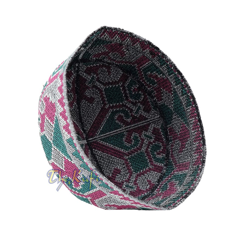 Gray, Maroon, Green Haji Alay Motif Embroidery Design Pakistani Topi Kufi Hat