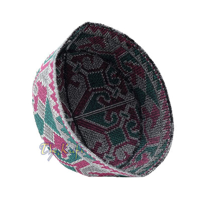 Gray, Maroon, Green Haji Alay Motif Embroidery Design Pakistani Topi Kufi Hat