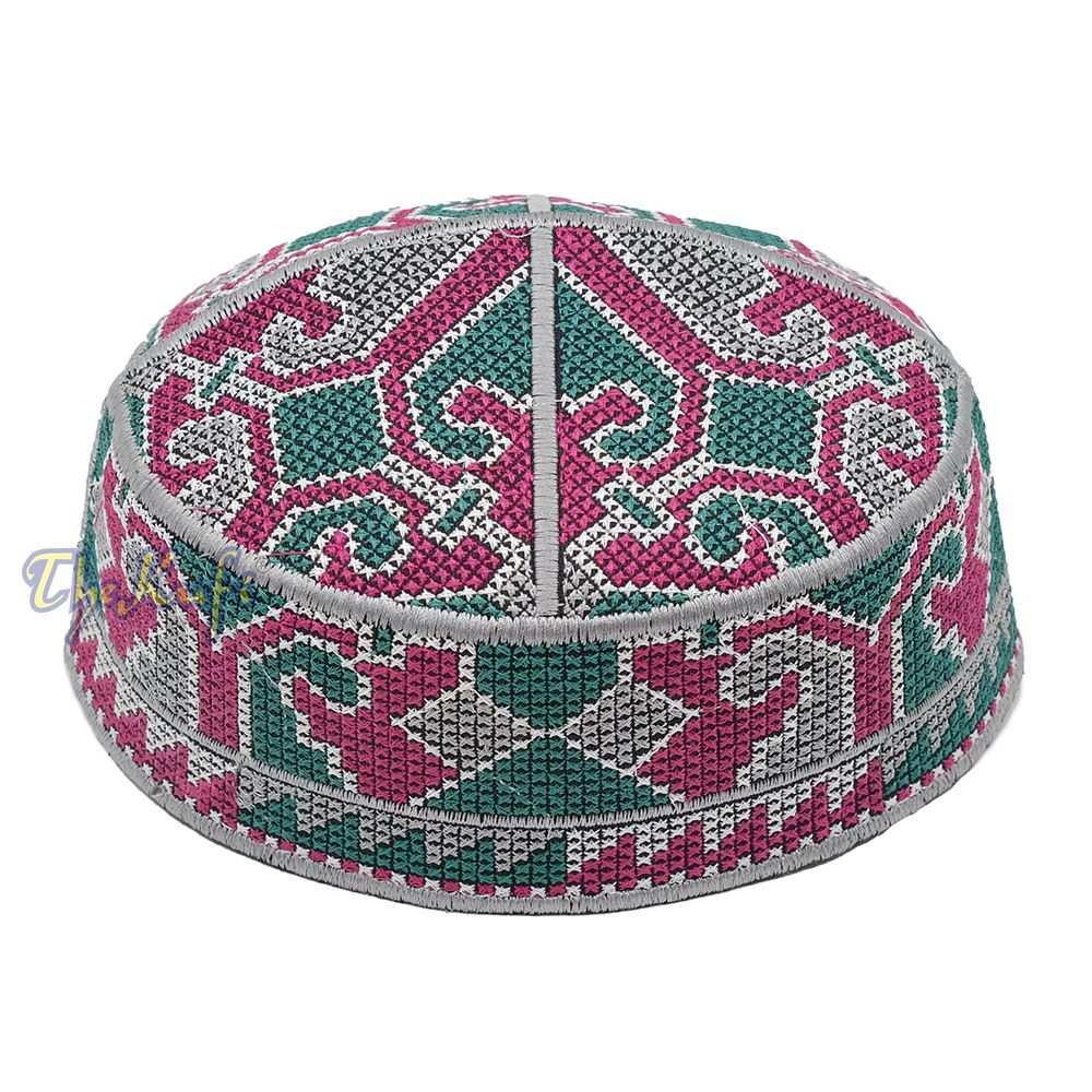 Gray, Maroon, Green Haji Alay Motif Embroidery Design Pakistani Topi Kufi Hat