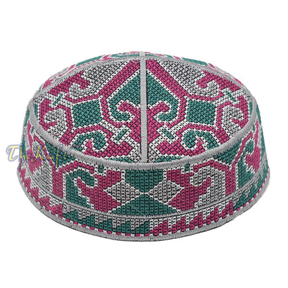 Gray, Maroon, Green Haji Alay Motif Embroidery Design Pakistani Topi Kufi Hat