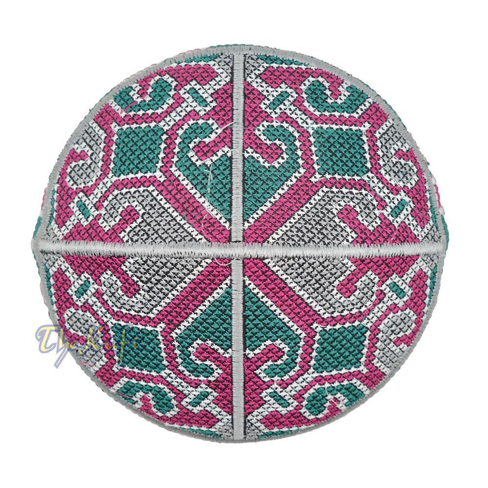 Gray, Maroon, Green Haji Alay Motif Embroidery Design Pakistani Topi Kufi Hat