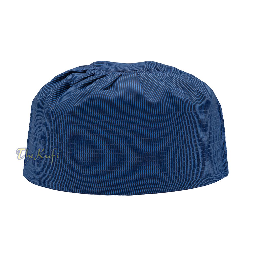 Handmade Reversible Pleated with Turquoise Lines and Dark Blue Color Tall Kufi Hat