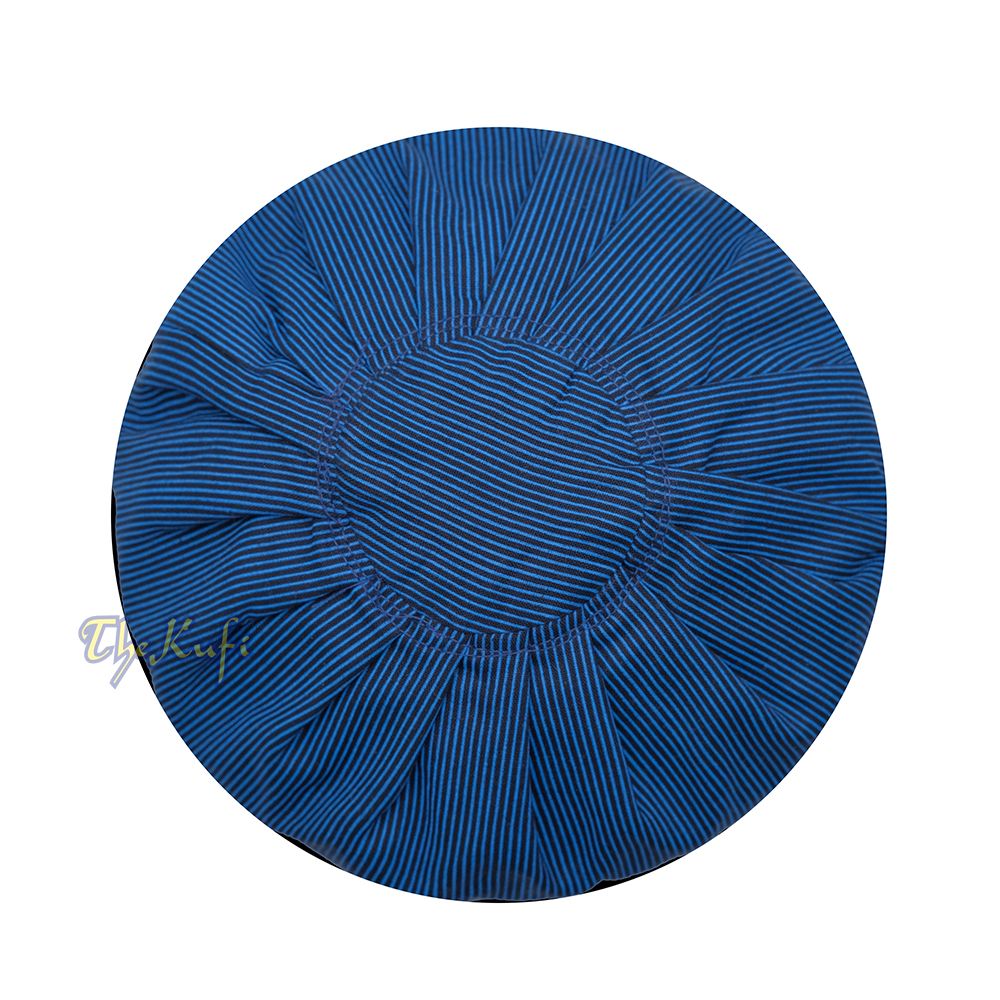 Handmade Reversible Pleated with Turquoise Lines and Dark Blue Color Tall Kufi Hat