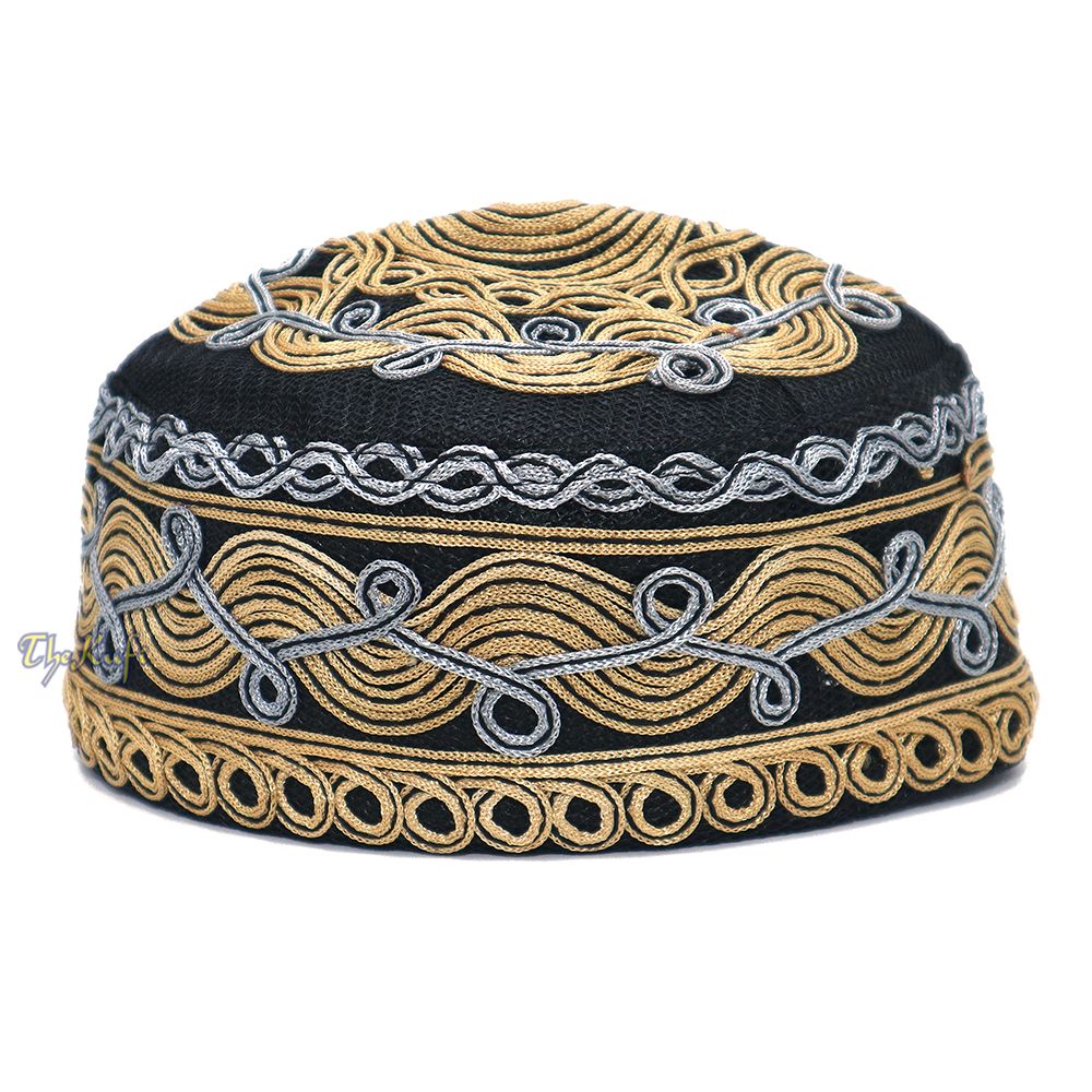 Handcrafted Black Golden Gray Macramé Netting Wave Design Muslim Prayer Hat By