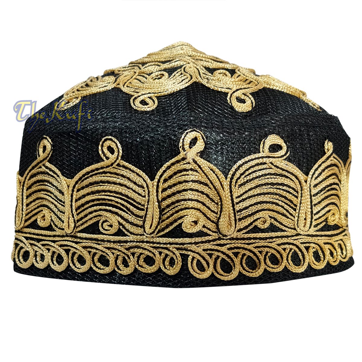Handcrafted Black Golden-Brown Macramé Netting Wave Design Prayer Hat Mehrab Patterns Kufi