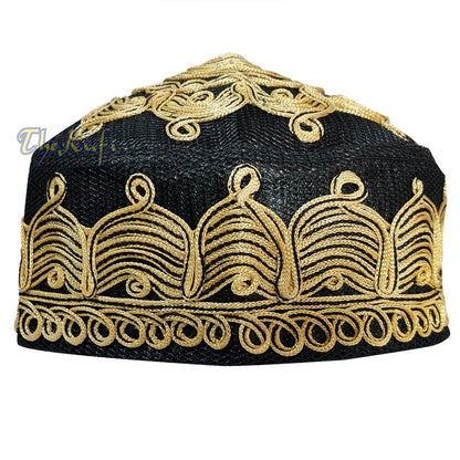 Handcrafted Black Golden-Brown Macramé Netting Wave Design Prayer Hat Mehrab Patterns Kufi