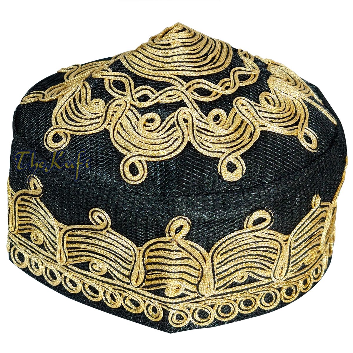 Handcrafted Black Golden-Brown Macramé Netting Wave Design Prayer Hat Mehrab Patterns Kufi
