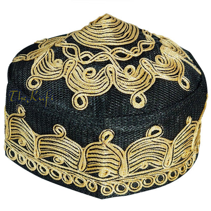 Handcrafted Black Golden-Brown Macramé Netting Wave Design Prayer Hat Mehrab Patterns Kufi