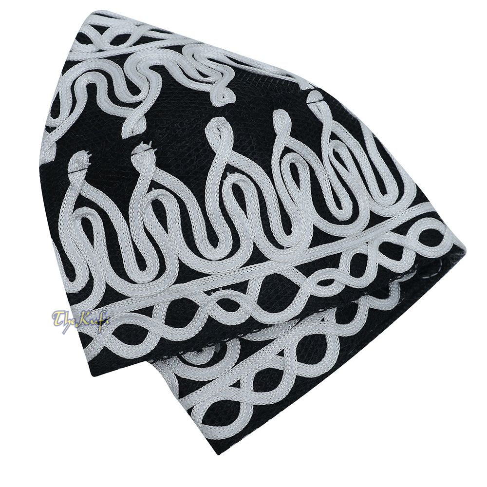 Handcrafted Black White Macramé Netting Wave Design Muslim Prayer Hat By