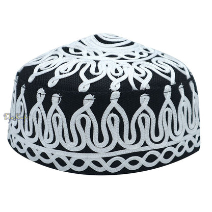 Handcrafted Black White Macramé Netting Wave Design Muslim Prayer Hat By