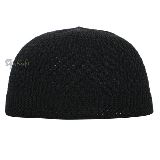 Black knitted Islamic kufi cap with a breathable mesh pattern from TheKufi.com.