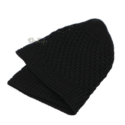 Black knitted Islamic kufi cap with a breathable mesh pattern from TheKufi.com.