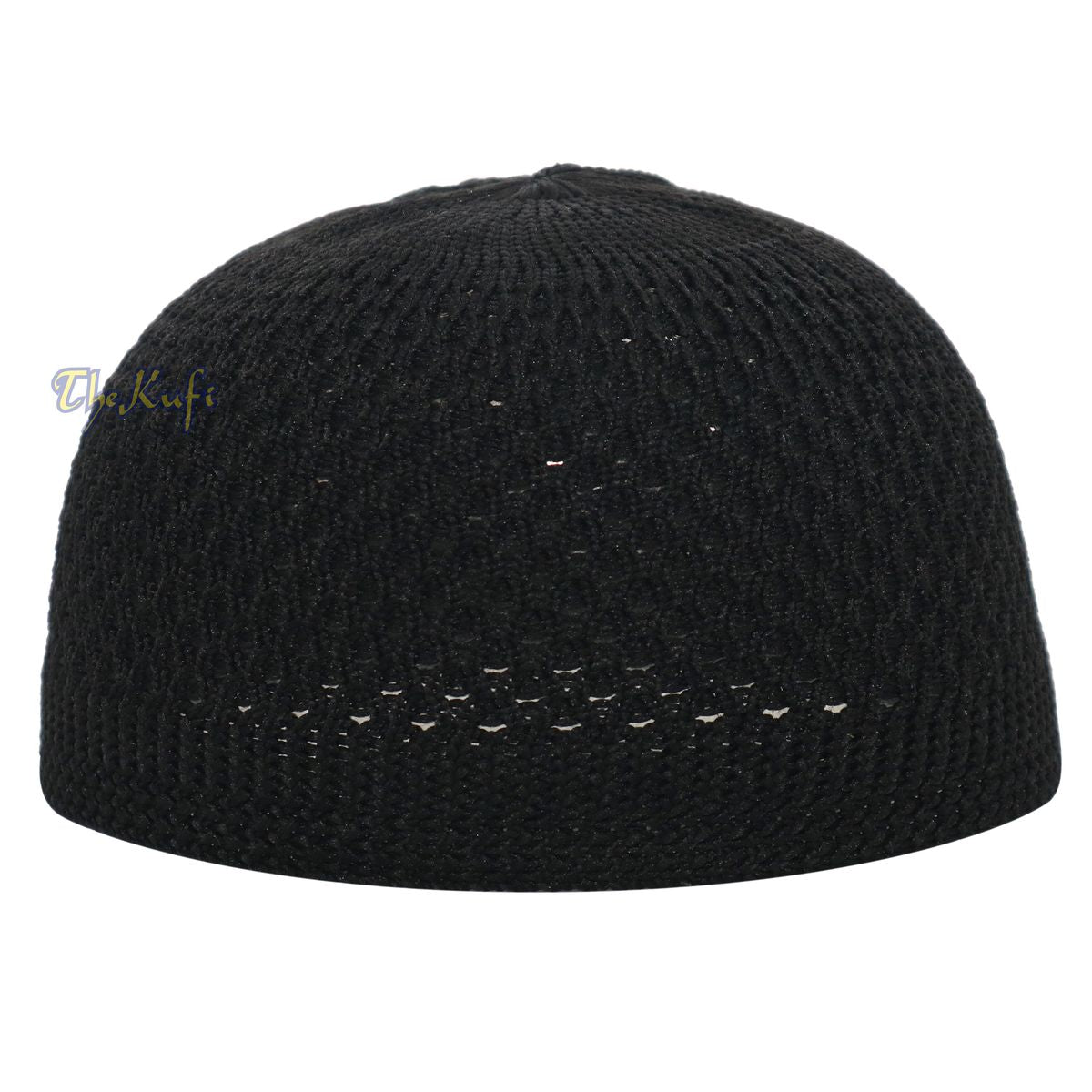 Black knitted Islamic kufi cap with a breathable mesh pattern from TheKufi.com.