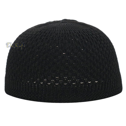 Black knitted Islamic kufi cap with a breathable mesh pattern from TheKufi.com.