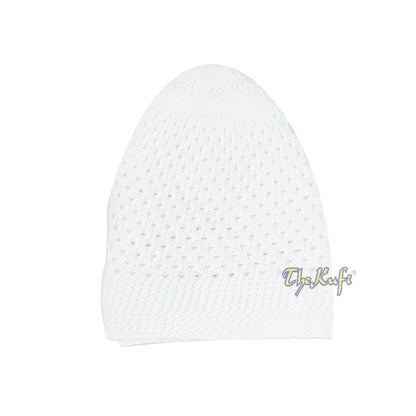 White knitted Islamic prayer cap (kufi) with breathable mesh pattern.