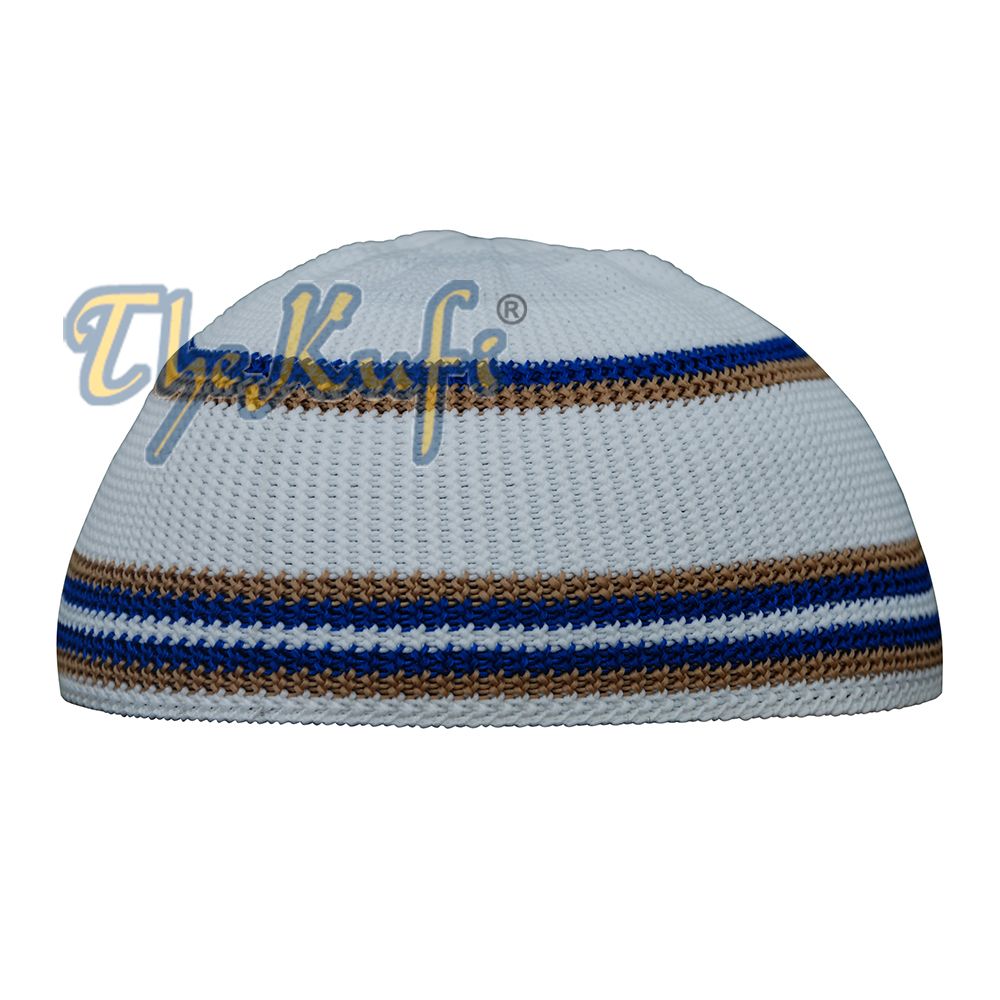 White Nylon Kufi with Blue & Brown