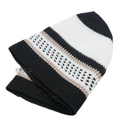White Black with Brown Stripes Nylon Stretchy Beanie Kufi Topi Skull Cap