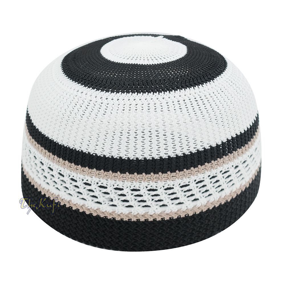 White Black with Brown Stripes Nylon Stretchy Beanie Kufi Topi Skull Cap