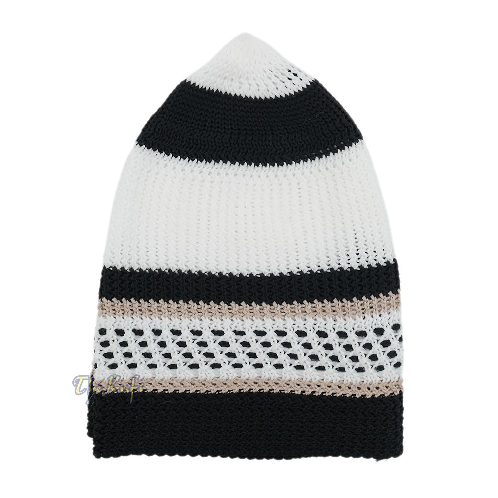White Black with Brown Stripes Nylon Stretchy Beanie Kufi Topi Skull Cap