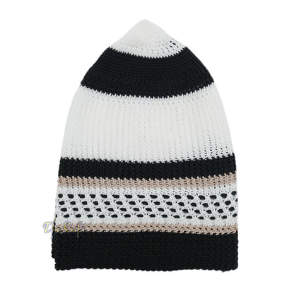 White Black with Brown Stripes Nylon Stretchy Beanie Kufi Topi Skull Cap