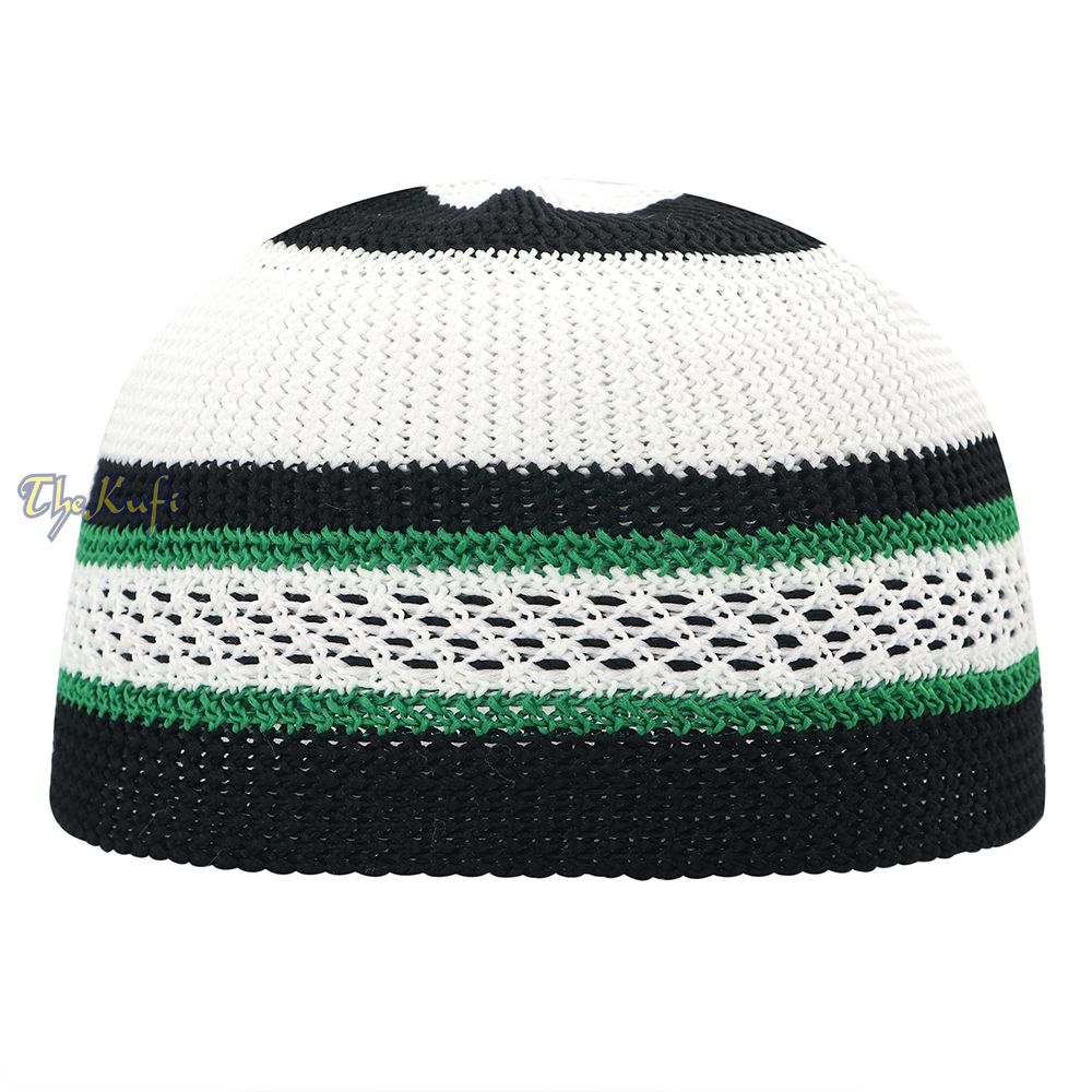 White Black Green Stripes Nylon Stretchy Kufi Cap Skullie Moslem Topi Skull Cap
